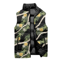 Hawaiian Pikake Maile Lei Sleeveless Puffer Jacket Tiare Hibiscus Kalo Palapalai Leaf Black LT19 - Polynesian Pride