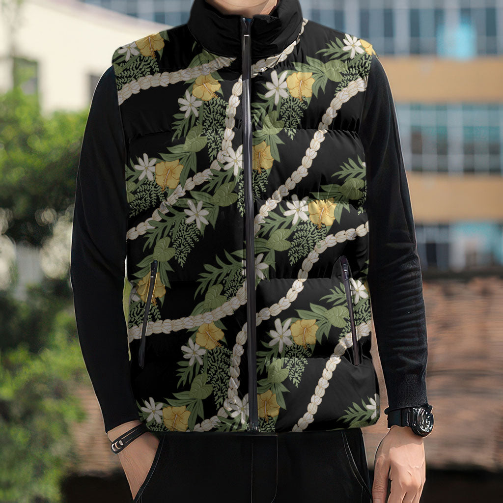 Hawaiian Pikake Maile Lei Sleeveless Puffer Jacket Tiare Hibiscus Kalo Palapalai Leaf Black LT19 - Polynesian Pride