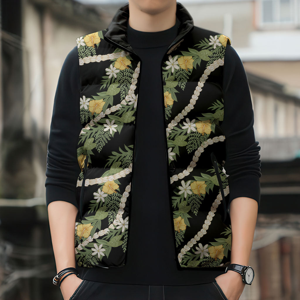 Hawaiian Pikake Maile Lei Sleeveless Puffer Jacket Tiare Hibiscus Kalo Palapalai Leaf Black LT19 - Polynesian Pride