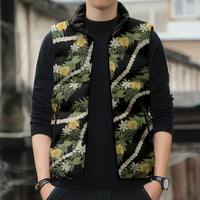 Hawaiian Pikake Maile Lei Sleeveless Puffer Jacket Tiare Hibiscus Kalo Palapalai Leaf Black LT19 - Polynesian Pride