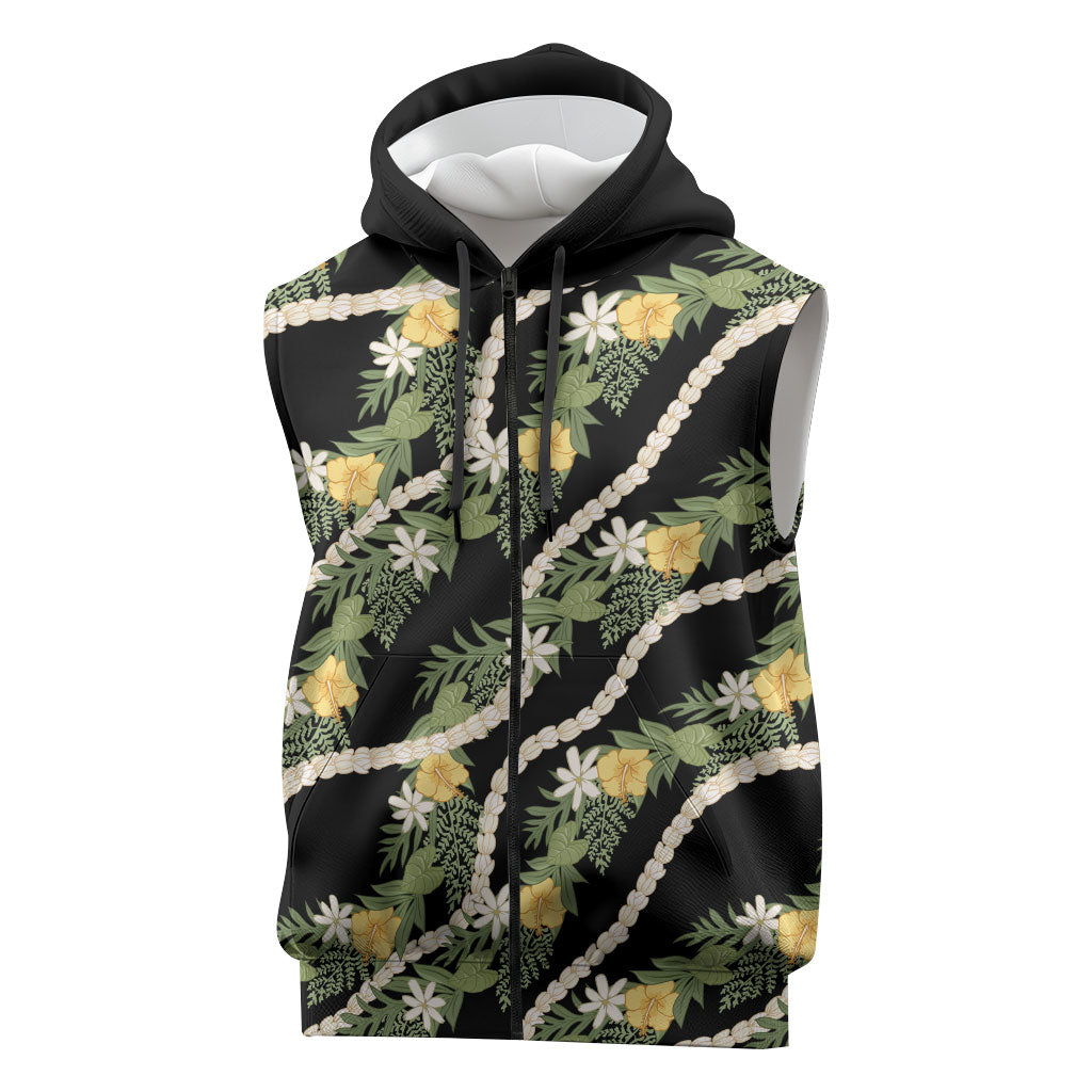 Hawaiian Pikake Maile Lei Sleeveless Zip Hoodie Tiare Hibiscus Kalo Palapalai Leaf Black LT19 Black - Polynesian Pride