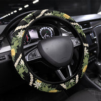 Hawaiian Pikake Maile Lei Steering Wheel Cover Tiare Hibiscus Kalo Palapalai Leaf Black