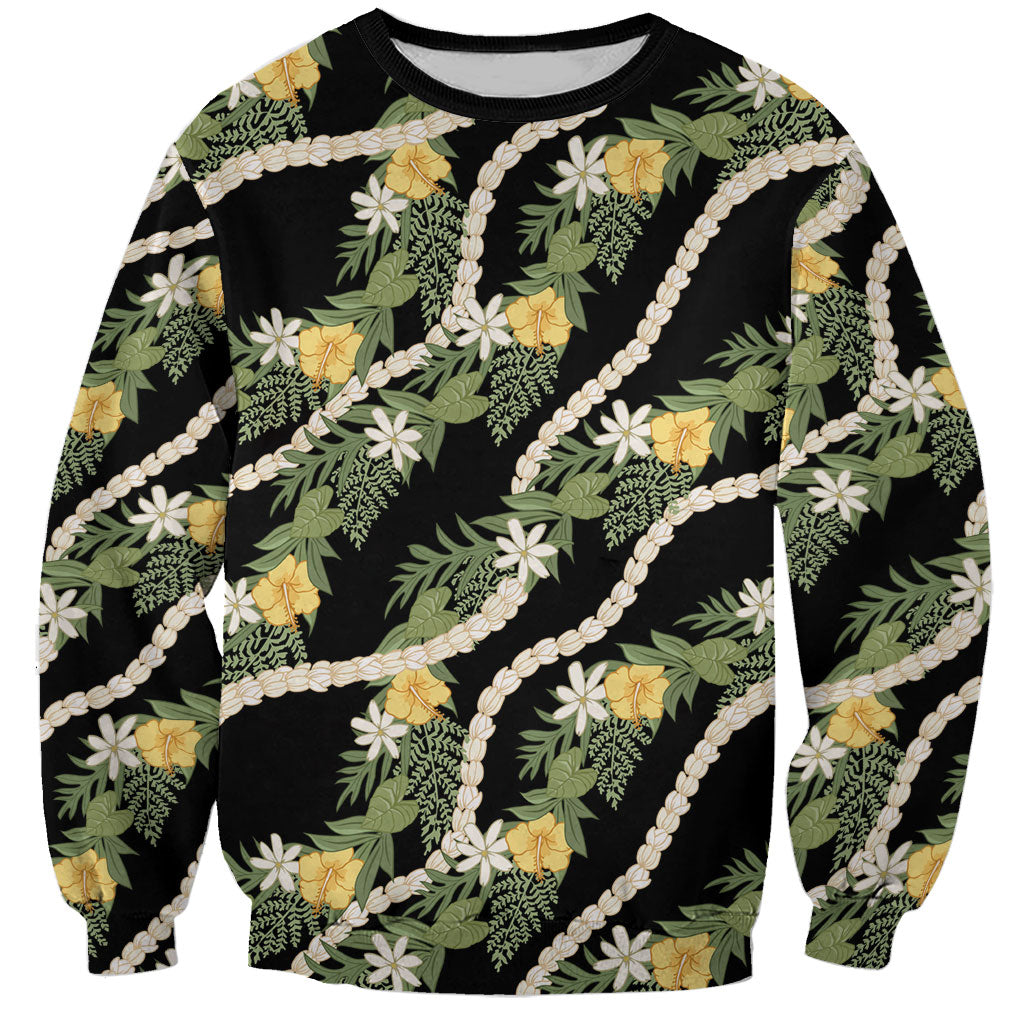 Hawaiian Pikake Maile Lei Sweatshirt Tiare Hibiscus Kalo Palapalai Leaf Black LT19 Unisex Black - Polynesian Pride
