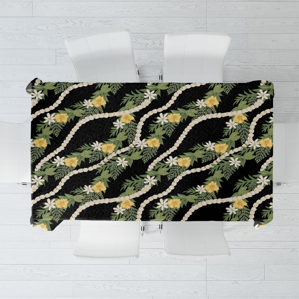 Hawaiian Pikake Maile Lei Tablecloth Tiare Hibiscus Kalo Palapalai Leaf Black LT19 Black - Polynesian Pride