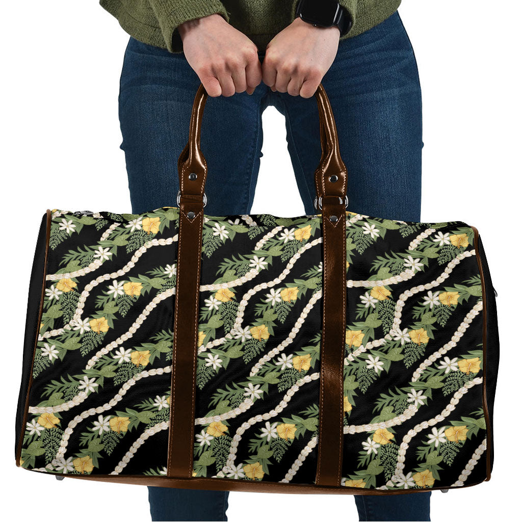 Hawaiian Pikake Maile Lei Travel Bag Tiare Hibiscus Kalo Palapalai Leaf Black LT19 Black - Polynesian Pride