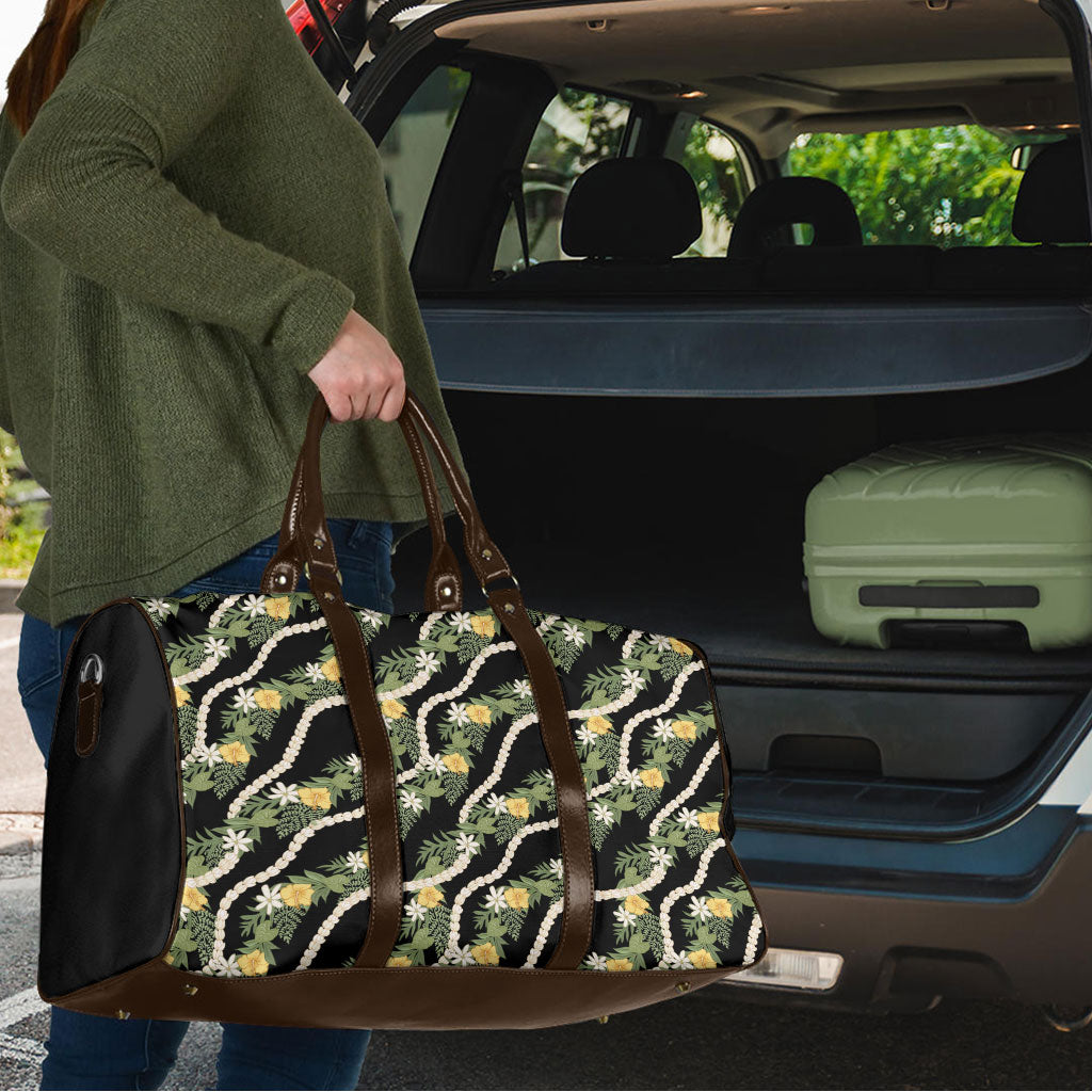 Hawaiian Pikake Maile Lei Travel Bag Tiare Hibiscus Kalo Palapalai Leaf Black
