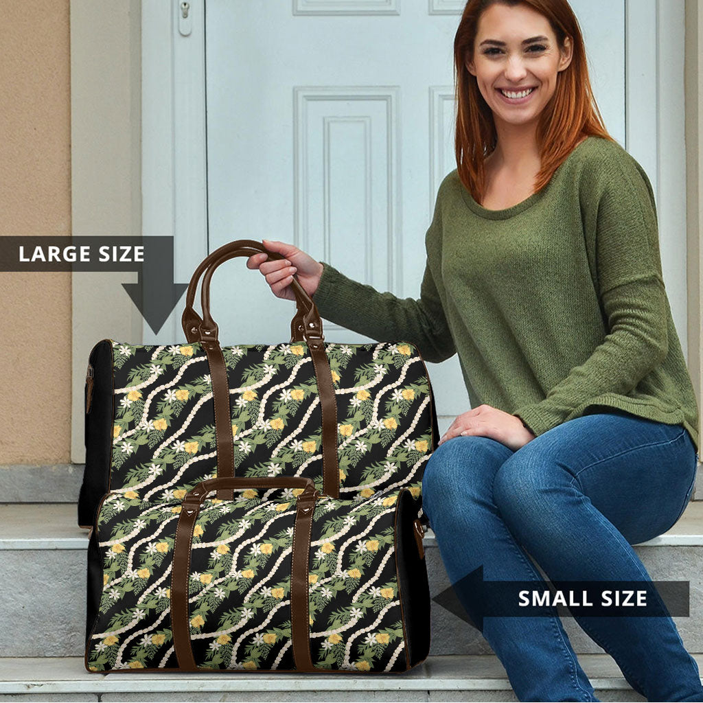 Hawaiian Pikake Maile Lei Travel Bag Tiare Hibiscus Kalo Palapalai Leaf Black