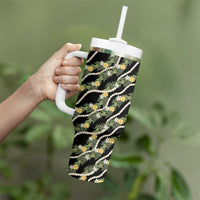 Hawaiian Pikake Maile Lei Tumbler With Handle Tiare Hibiscus Kalo Palapalai Leaf Black