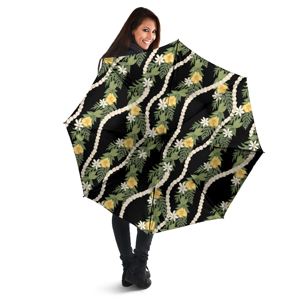Hawaiian Pikake Maile Lei Umbrella Tiare Hibiscus Kalo Palapalai Leaf Black LT19 - Polynesian Pride