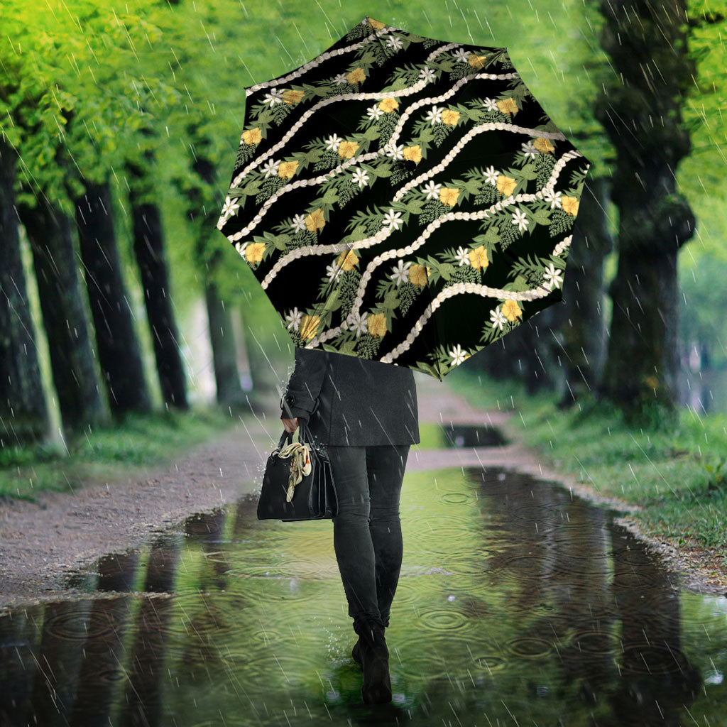 Hawaiian Pikake Maile Lei Umbrella Tiare Hibiscus Kalo Palapalai Leaf Black LT19 - Polynesian Pride