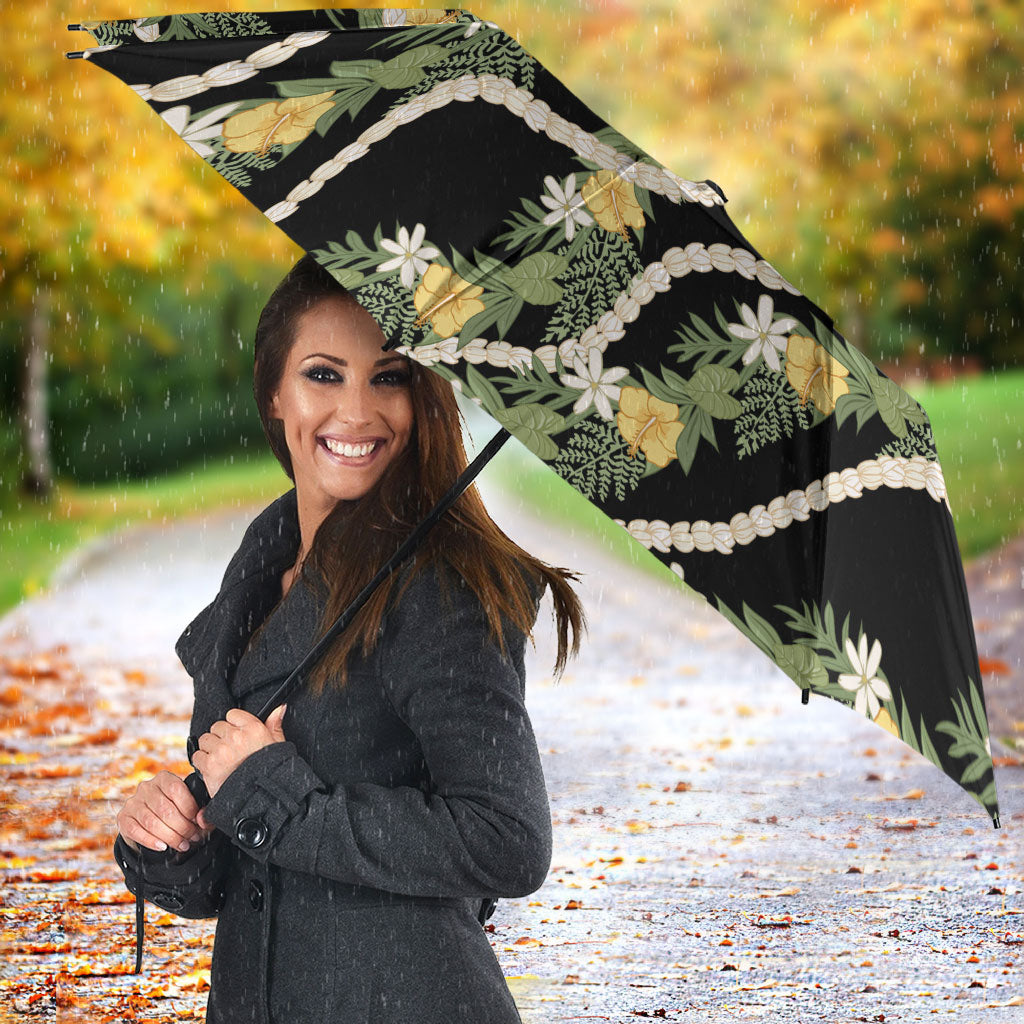 Hawaiian Pikake Maile Lei Umbrella Tiare Hibiscus Kalo Palapalai Leaf Black LT19 - Polynesian Pride