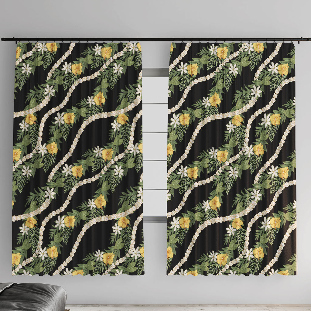 Hawaiian Pikake Maile Lei Window Curtain Tiare Hibiscus Kalo Palapalai Leaf Black LT19 With Hooks Black - Polynesian Pride
