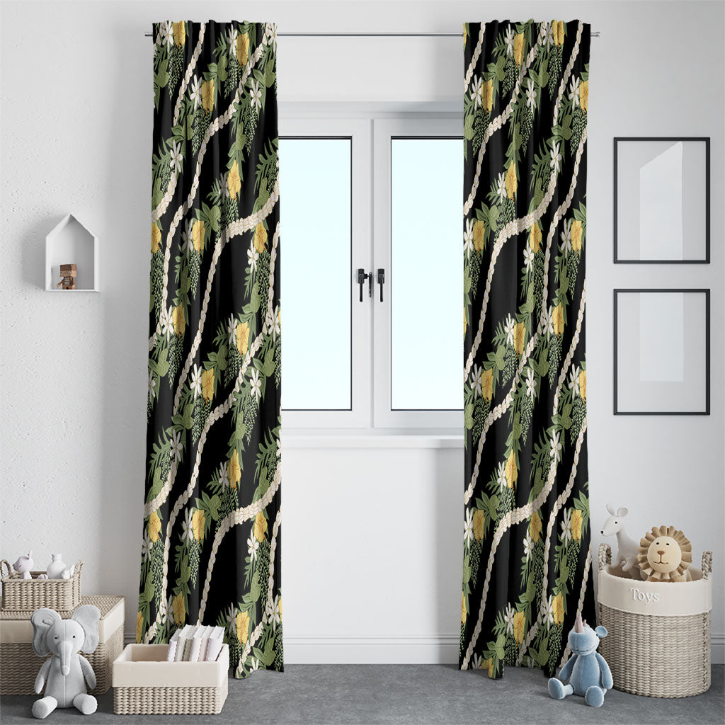 Hawaiian Pikake Maile Lei Window Curtain Tiare Hibiscus Kalo Palapalai Leaf Black LT19 - Polynesian Pride