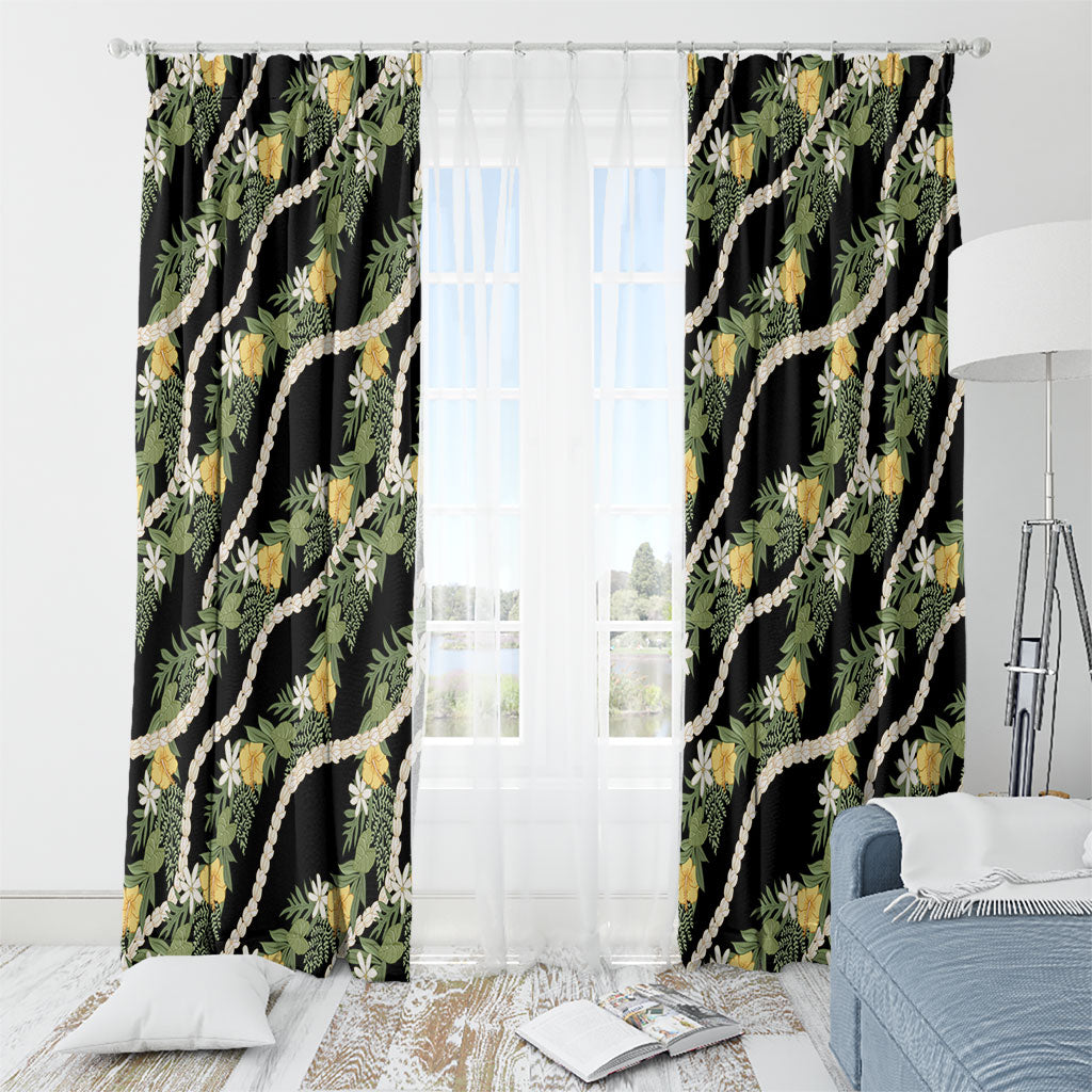Hawaiian Pikake Maile Lei Window Curtain Tiare Hibiscus Kalo Palapalai Leaf Black LT19 - Polynesian Pride
