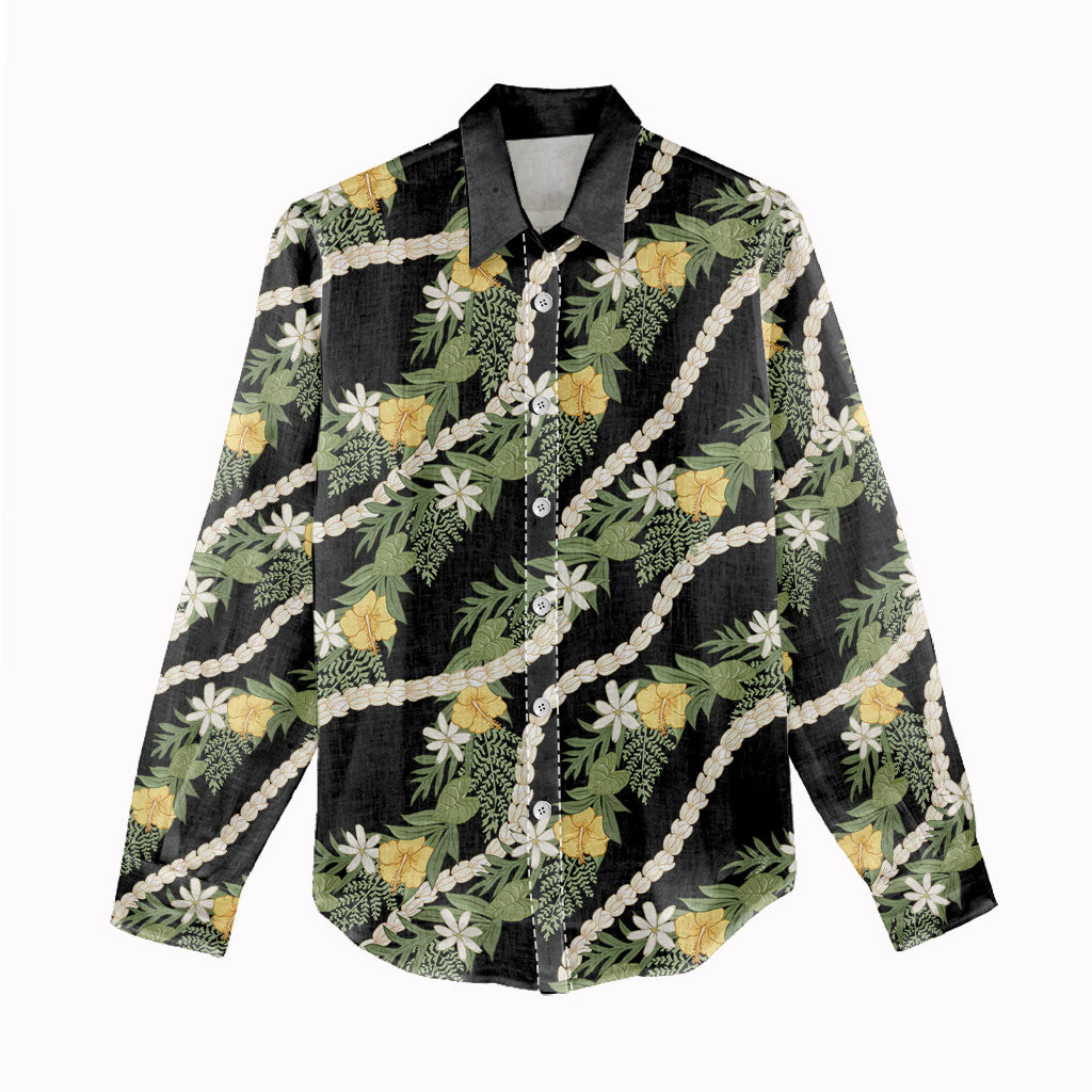 Hawaiian Pikake Maile Lei Women Casual Shirt Tiare Hibiscus Kalo Palapalai Leaf Black