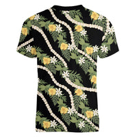 Hawaiian Pikake Maile Lei Women V-Neck T-Shirt Tiare Hibiscus Kalo Palapalai Leaf Black