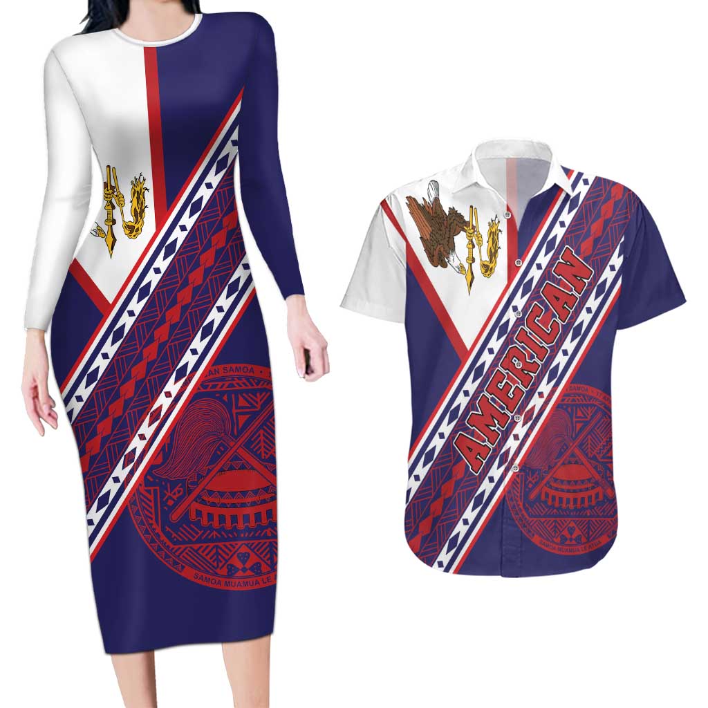 American Samoa Flag Day Couples Matching Long Sleeve Bodycon Dress and Hawaiian Shirt Polynesian Tribal Tattoo Eagle Art LT19 Navy - Polynesian Pride