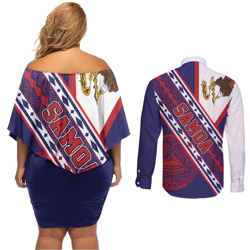 American Samoa Flag Day Couples Matching Off Shoulder Short Dress and Long Sleeve Button Shirt Polynesian Tribal Tattoo Eagle Art LT19 - Polynesian Pride