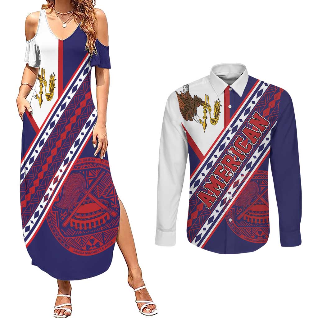 American Samoa Flag Day Couples Matching Summer Maxi Dress and Long Sleeve Button Shirt Polynesian Tribal Tattoo Eagle Art
