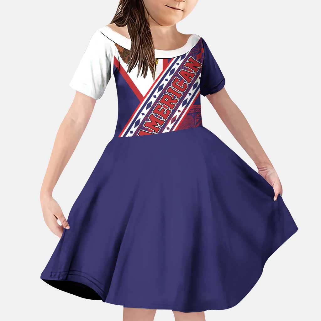 American Samoa Flag Day Family Matching Off The Shoulder Long Sleeve Dress and Hawaiian Shirt Polynesian Tribal Tattoo Eagle Art LT19 Daughter's Dress Navy - Polynesian Pride