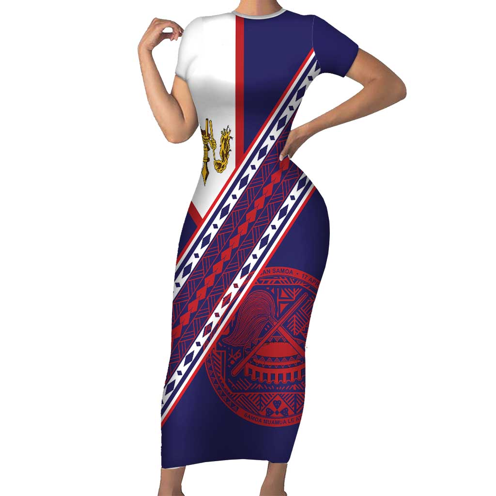 American Samoa Flag Day Family Matching Short Sleeve Bodycon Dress and Hawaiian Shirt Polynesian Tribal Tattoo Eagle Art LT19 Mom's Dress Navy - Polynesian Pride