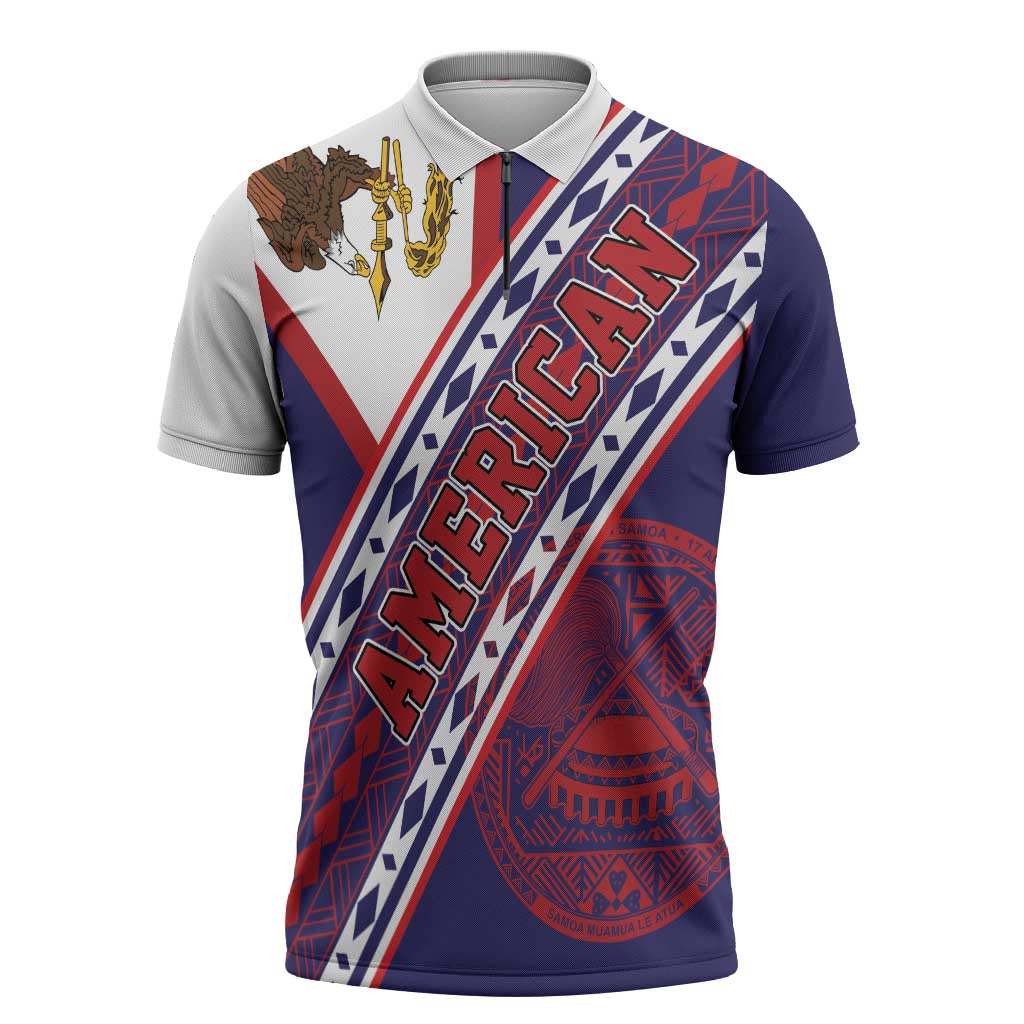 American Samoa Flag Day Zipper Polo Shirt Polynesian Tribal Tattoo Eagle Art