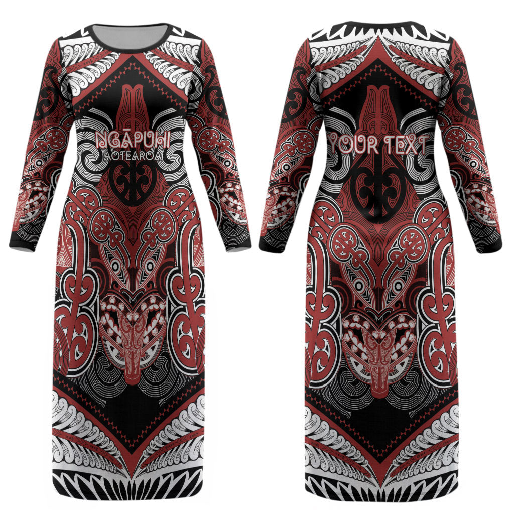 Aotearoa Iwi Ngapuhi Personalised Couples Matching Long Sleeve Bodycon Dress and Hawaiian Shirt Maori Kowhaiwhai Pattern