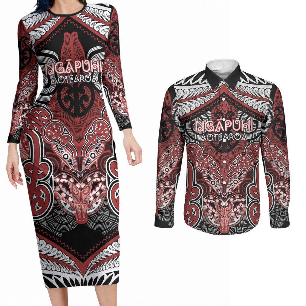 Aotearoa Iwi Ngapuhi Personalised Couples Matching Long Sleeve Bodycon Dress and Long Sleeve Button Shirt Maori Kowhaiwhai Pattern