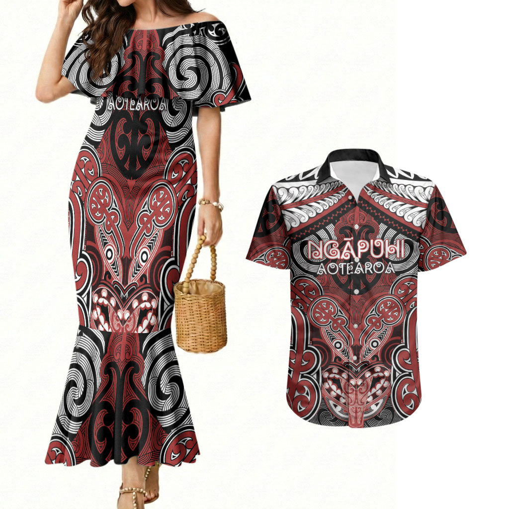 Aotearoa Iwi Ngapuhi Personalised Couples Matching Mermaid Dress and Hawaiian Shirt Maori Kowhaiwhai Pattern