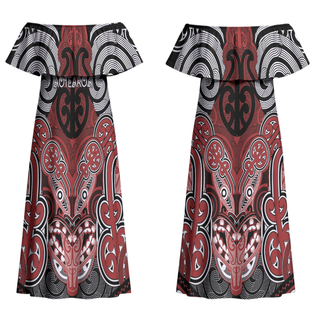 Aotearoa Iwi Ngapuhi Personalised Couples Matching Off Shoulder Maxi Dress and Long Sleeve Button Shirt Maori Kowhaiwhai Pattern