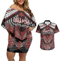 Aotearoa Iwi Ngapuhi Personalised Couples Matching Off Shoulder Short Dress and Hawaiian Shirt Maori Kowhaiwhai Pattern