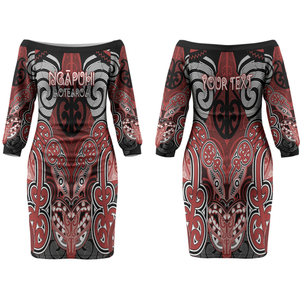 Aotearoa Iwi Ngapuhi Personalised Couples Matching Off The Shoulder Long Sleeve Dress and Hawaiian Shirt Maori Kowhaiwhai Pattern