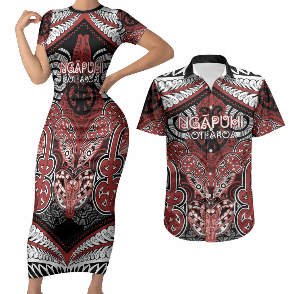 Aotearoa Iwi Ngapuhi Personalised Couples Matching Short Sleeve Bodycon Dress and Hawaiian Shirt Maori Kowhaiwhai Pattern