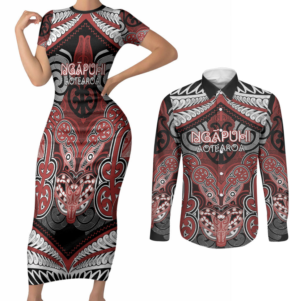 Aotearoa Iwi Ngapuhi Personalised Couples Matching Short Sleeve Bodycon Dress and Long Sleeve Button Shirt Maori Kowhaiwhai Pattern
