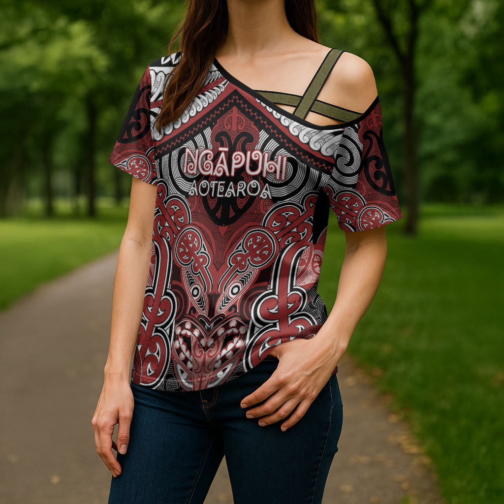 Aotearoa Iwi Ngapuhi Personalised Cross Shoulder Shirt Maori Kowhaiwhai Pattern