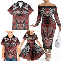 Aotearoa Iwi Ngapuhi Personalised Family Matching Off The Shoulder Long Sleeve Dress and Hawaiian Shirt Maori Kowhaiwhai Pattern