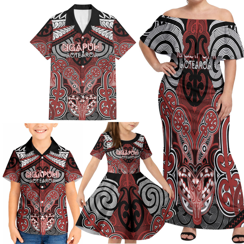 Aotearoa Iwi Ngapuhi Personalised Family Matching Off Shoulder Maxi Dress and Hawaiian Shirt Maori Kowhaiwhai Pattern