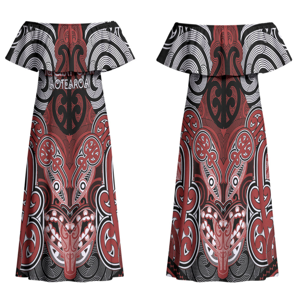 Aotearoa Iwi Ngapuhi Personalised Family Matching Off Shoulder Maxi Dress and Hawaiian Shirt Maori Kowhaiwhai Pattern