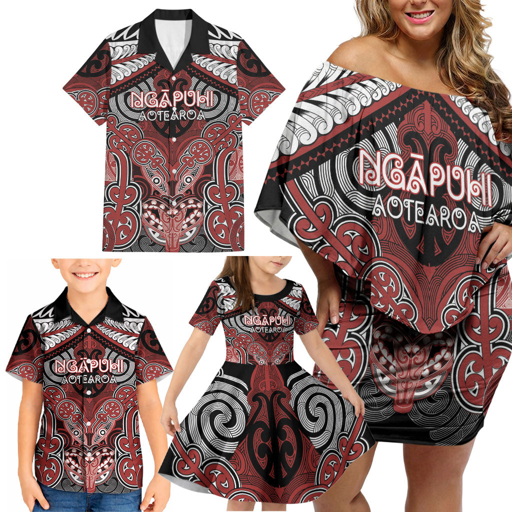 Aotearoa Iwi Ngapuhi Personalised Family Matching Off Shoulder Short Dress and Hawaiian Shirt Maori Kowhaiwhai Pattern
