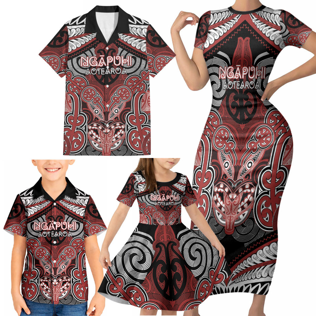 Aotearoa Iwi Ngapuhi Personalised Family Matching Short Sleeve Bodycon Dress and Hawaiian Shirt Maori Kowhaiwhai Pattern