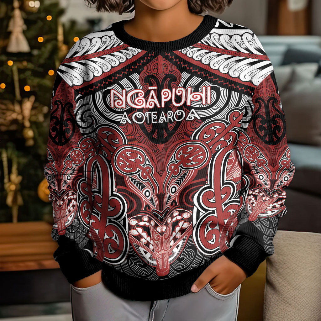 Aotearoa Iwi Ngapuhi Personalised Kid Ugly Christmas Sweater Maori Kowhaiwhai Pattern