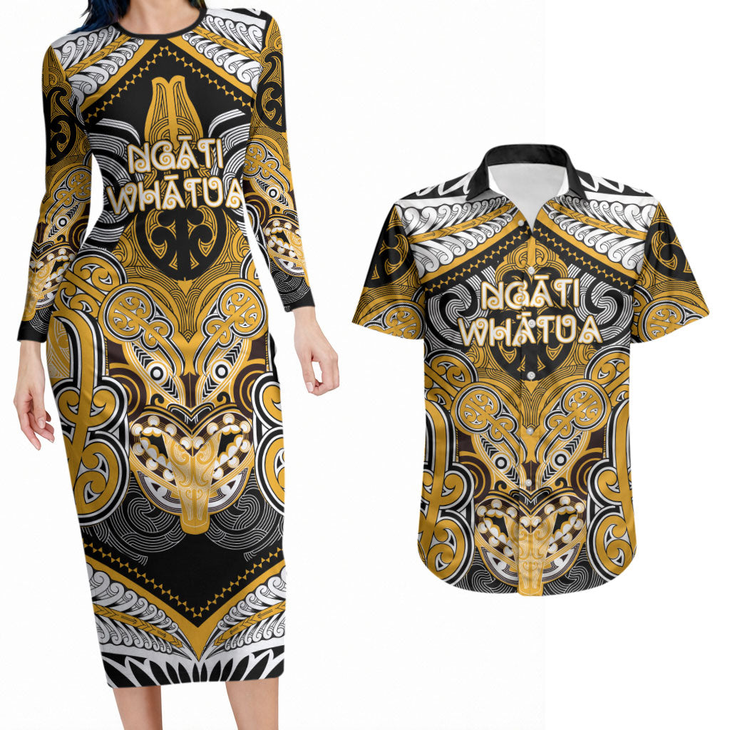 Aotearoa Iwi Ngati Whatua Personalised Couples Matching Long Sleeve Bodycon Dress and Hawaiian Shirt Maori Kowhaiwhai Pattern