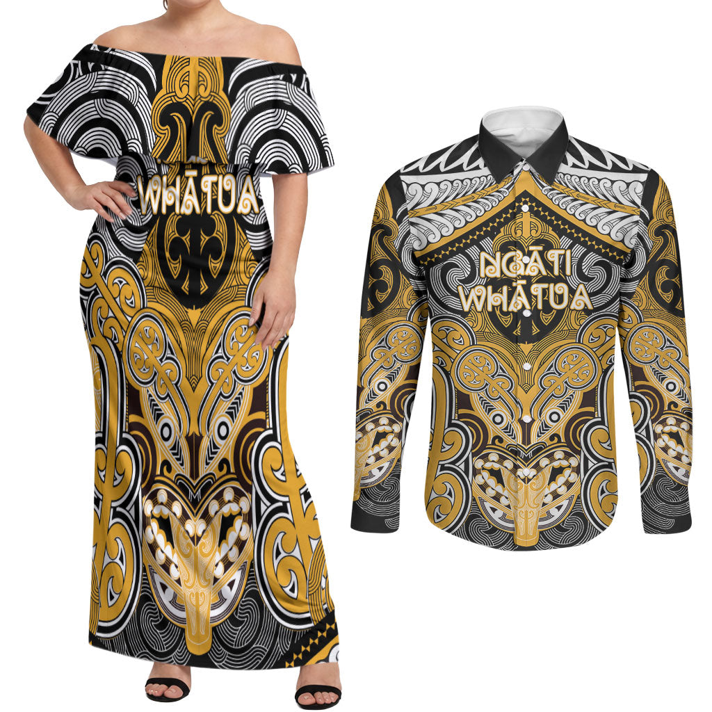 Aotearoa Iwi Ngati Whatua Personalised Couples Matching Off Shoulder Maxi Dress and Long Sleeve Button Shirt Maori Kowhaiwhai Pattern