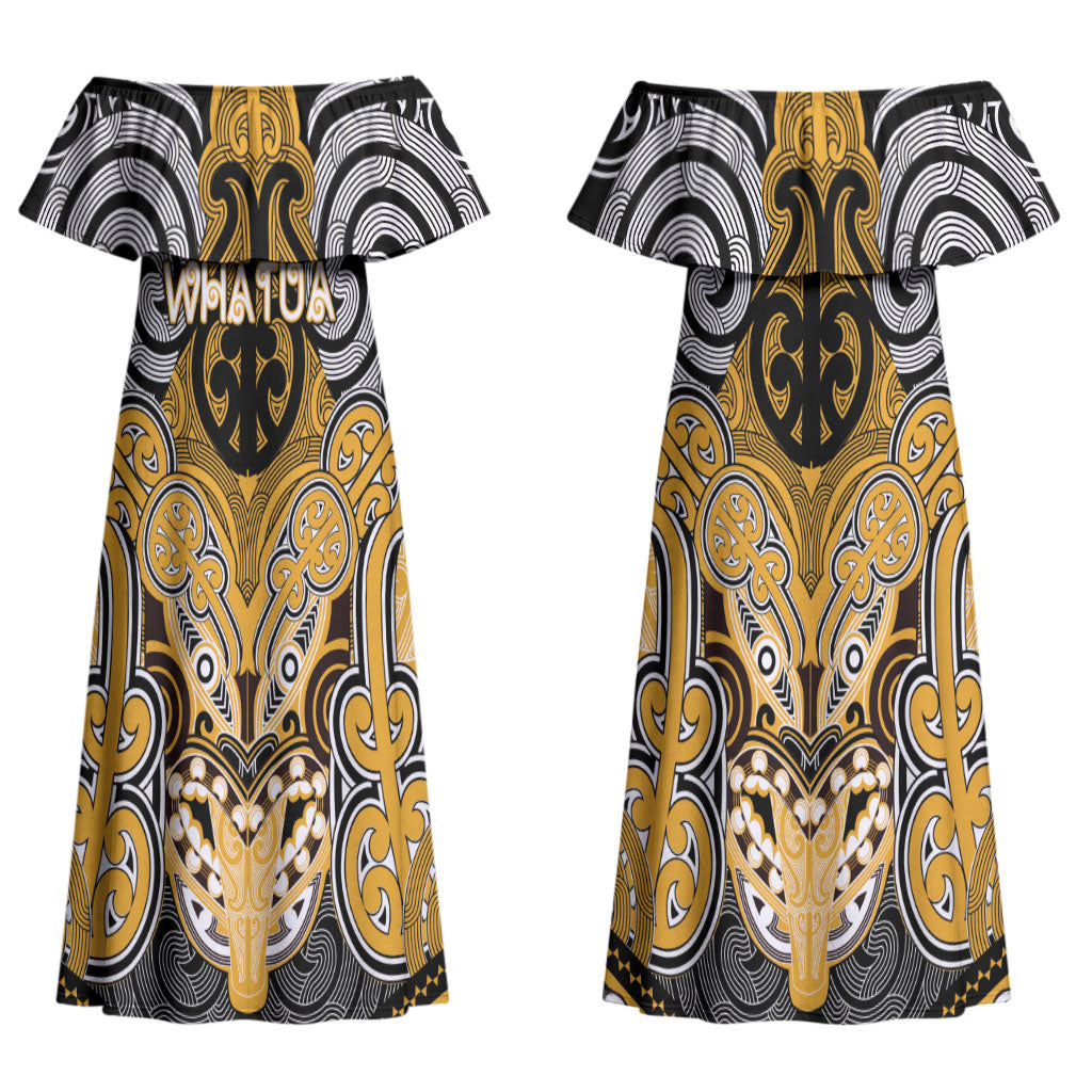 Aotearoa Iwi Ngati Whatua Personalised Couples Matching Off Shoulder Maxi Dress and Long Sleeve Button Shirt Maori Kowhaiwhai Pattern