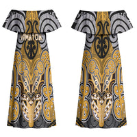 Aotearoa Iwi Ngati Whatua Personalised Couples Matching Off Shoulder Maxi Dress and Long Sleeve Button Shirt Maori Kowhaiwhai Pattern
