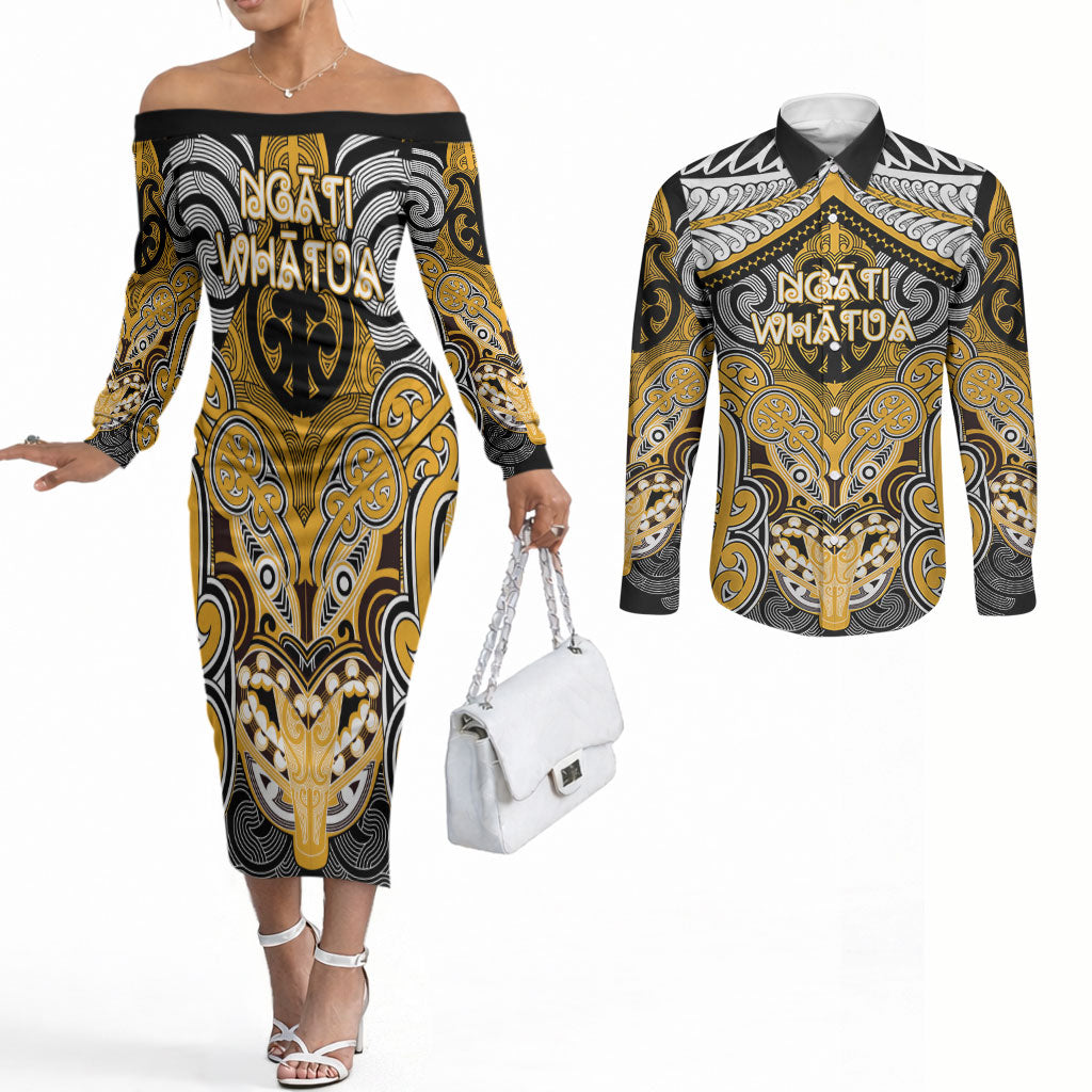 Aotearoa Iwi Ngati Whatua Personalised Couples Matching Off The Shoulder Long Sleeve Dress and Long Sleeve Button Shirt Maori Kowhaiwhai Pattern
