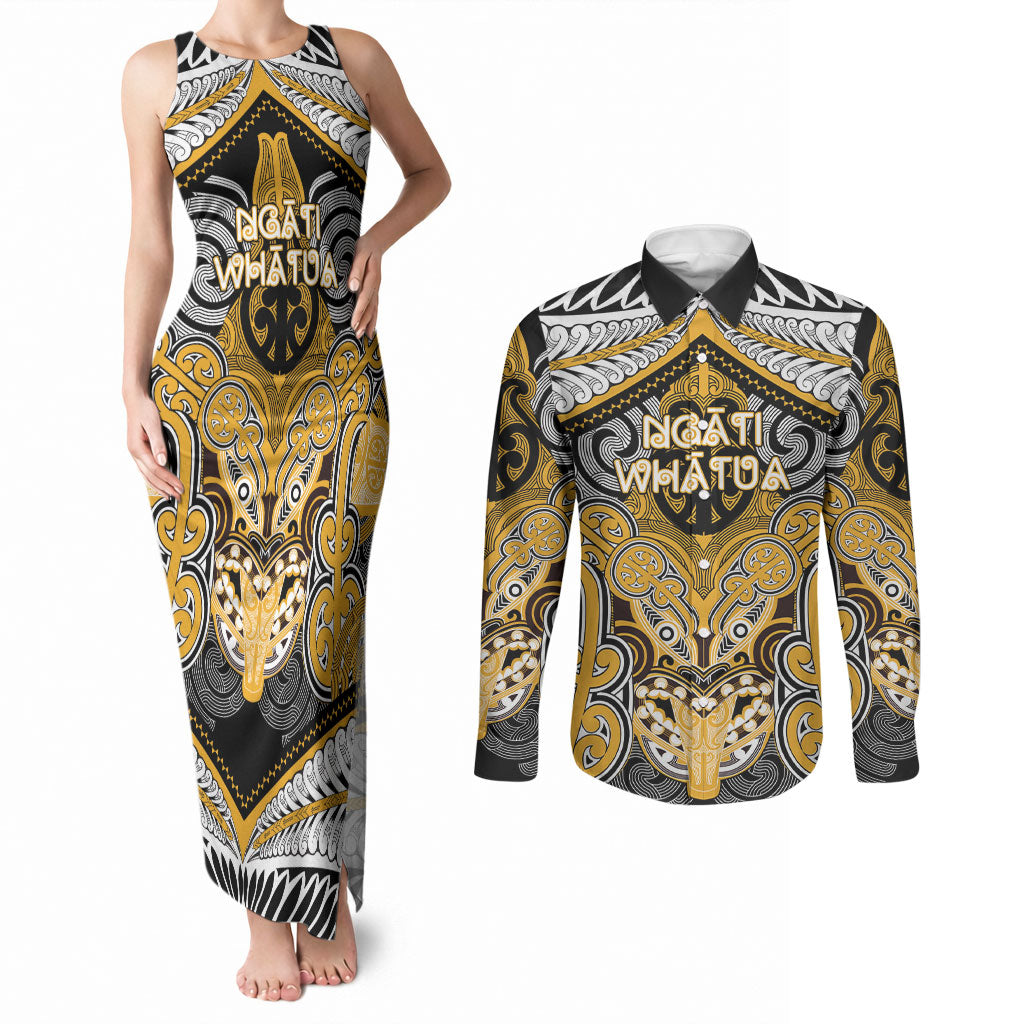 Aotearoa Iwi Ngati Whatua Personalised Couples Matching Tank Maxi Dress and Long Sleeve Button Shirt Maori Kowhaiwhai Pattern