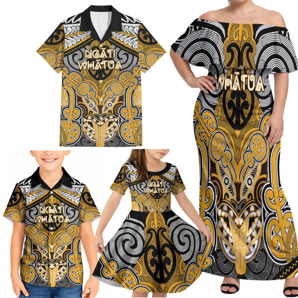 Aotearoa Iwi Ngati Whatua Personalised Family Matching Off Shoulder Maxi Dress and Hawaiian Shirt Maori Kowhaiwhai Pattern