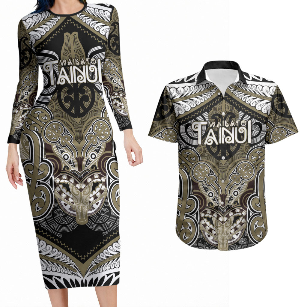 Aotearoa Iwi Waikato Tainui Personalised Couples Matching Long Sleeve Bodycon Dress and Hawaiian Shirt Maori Kowhaiwhai Pattern