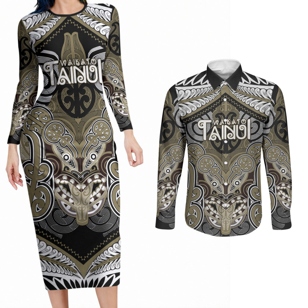 Aotearoa Iwi Waikato Tainui Personalised Couples Matching Long Sleeve Bodycon Dress and Long Sleeve Button Shirt Maori Kowhaiwhai Pattern